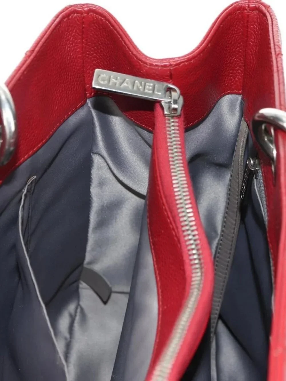 CHANEL GST Matelasse Chain Tote Bag Grained Calf Skin Red Silver CC Auth ep1...